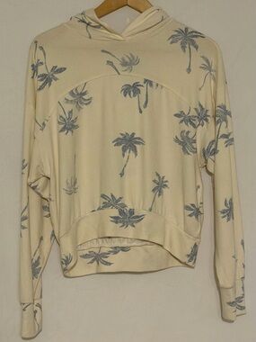 Cozie Cream Palm Tree Print Cropped Hoodie Sweatshirt Coastal Beach Vibe Size Md